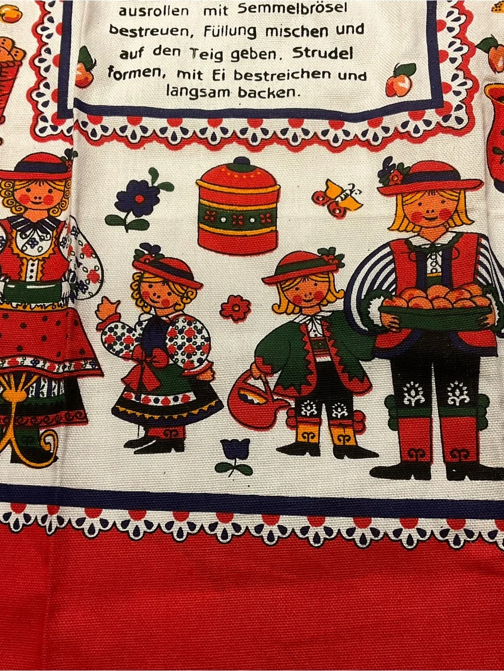 Vintage Baumwolle Applestrudel Recipe Kitchen Tea Towel Austria Folk Art Alpine